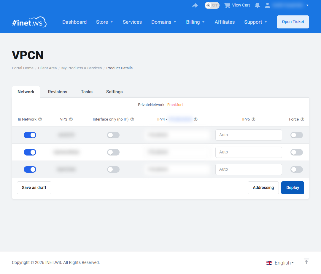 VPCN Network-tabblad met de in aanmerking komende VPS, In Network-schakelaars en het IPv4-subnet